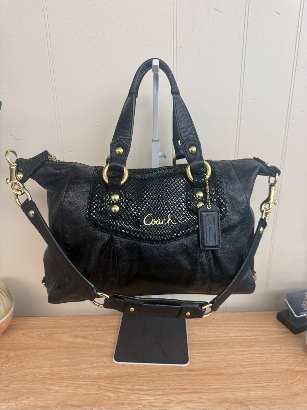 Coach Ashley Black Leather Shoulder Bag with Gold Hardware